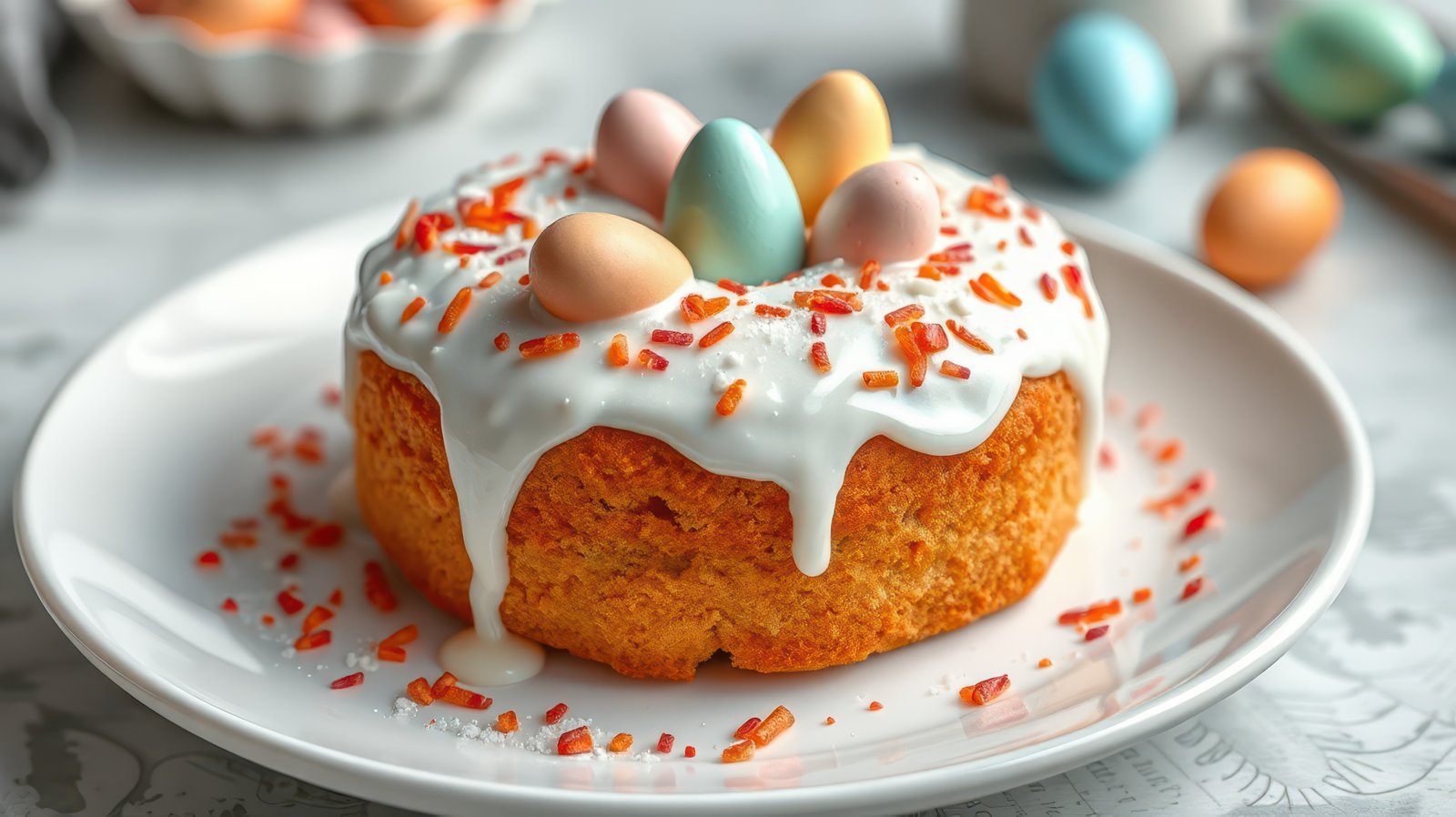 Sweet spring celebration cake adorned with pastel eggs and colorful sprinkles for festive gatherings